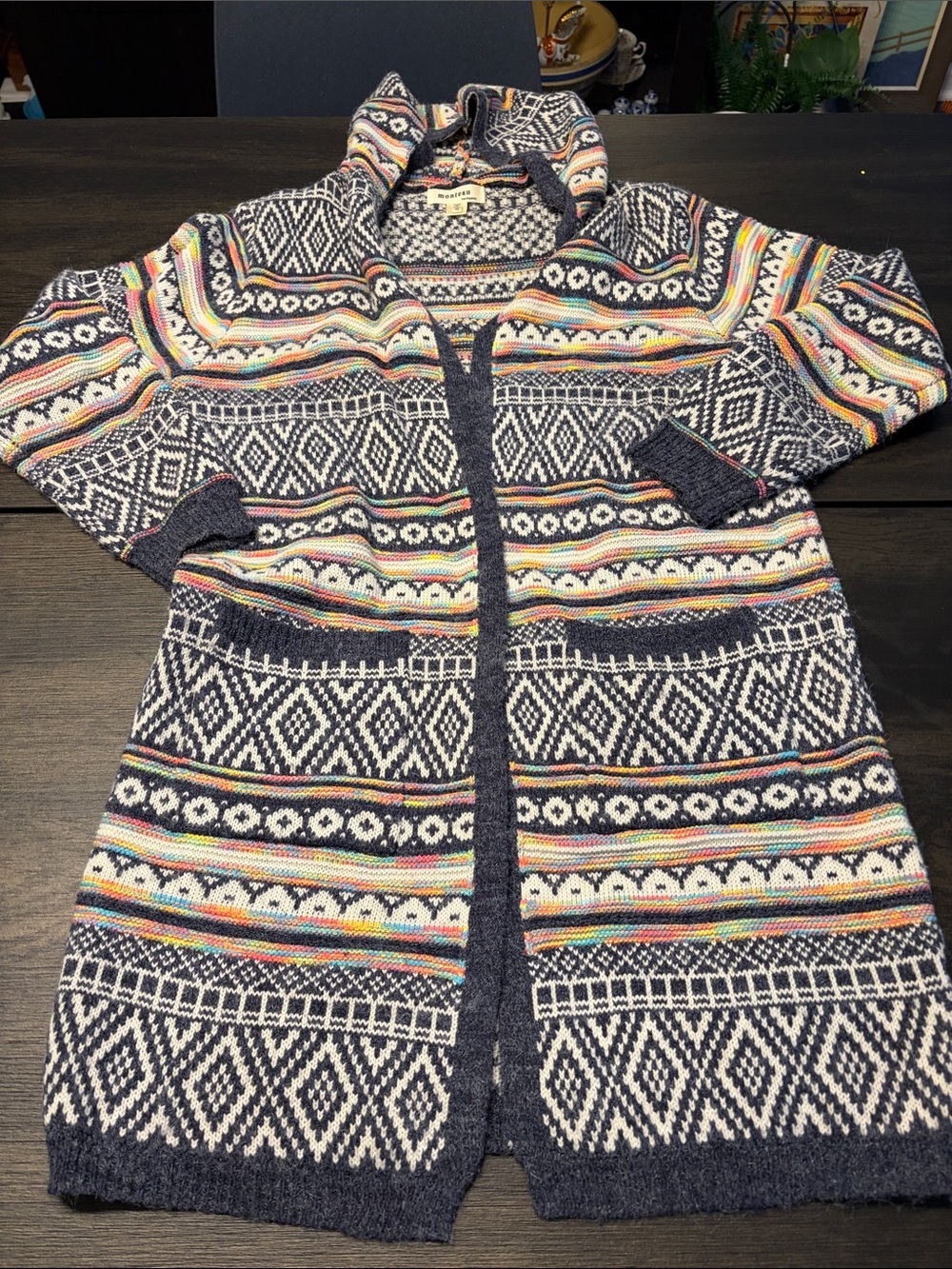 Monteau Los Angeles Aztec Geometric Hooded Longline Duster Cardigan Sweater M